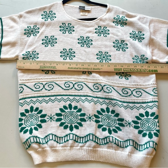 Vintage 80s Beldoch Popper Green Floral Short Sleeve Sweater Top Large - Picture 5 of 6